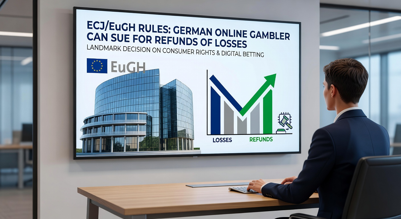 Symbolisches Bild eines Online-Spielers am Computer mit Euro-Scheinen und einem EuGH-Urteilssymbol im Hintergrund, das rückwirkende Rückerstattungen illustriert