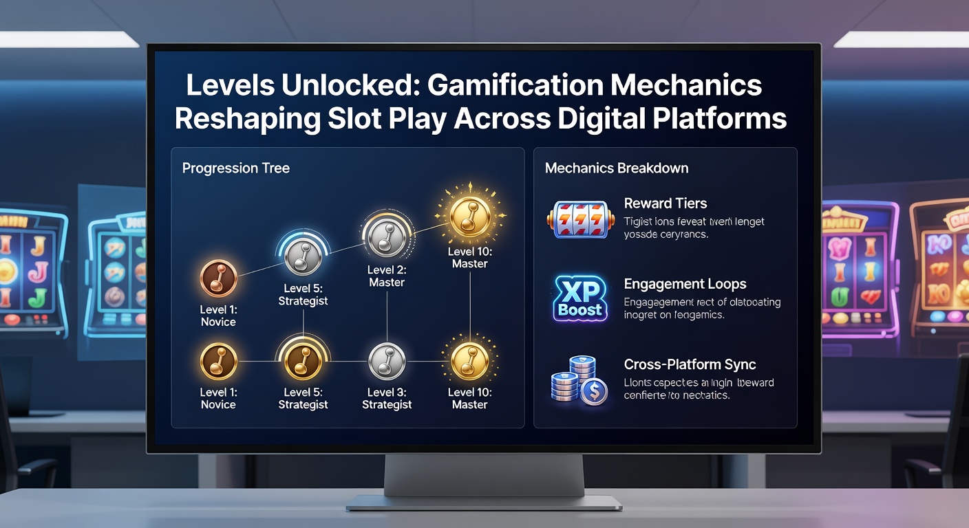 Screenshot eines Slot-Spiels mit Gamification-Overlay: Level-Balken, Badges und eine Challenge-Liste, die den Spieler zum nächsten Milestone antreibt