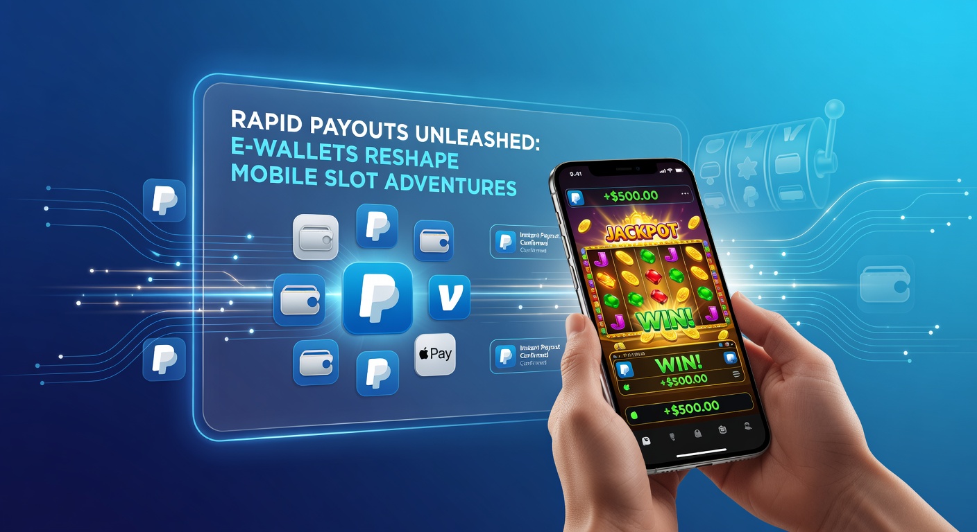 Grafik mit E-Wallet-Icons, Pfeilen für schnelle Zahlungsflüsse und Slot-Maschinen im Hintergrund